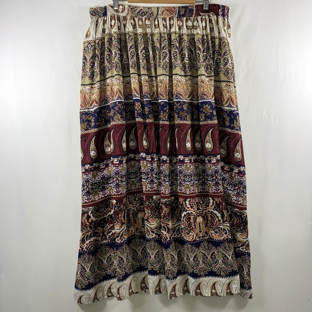 Womens Paisley Block Print Maxi Skirt L/XL Rayon Gypsy Boho Festival Pull On‎